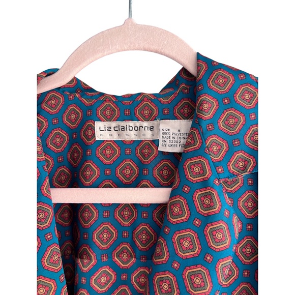 Liz Claiborne Vintage Teal and Orange Geometric Print Wrap Midi Dress Size 8 - Picture 4 of 5